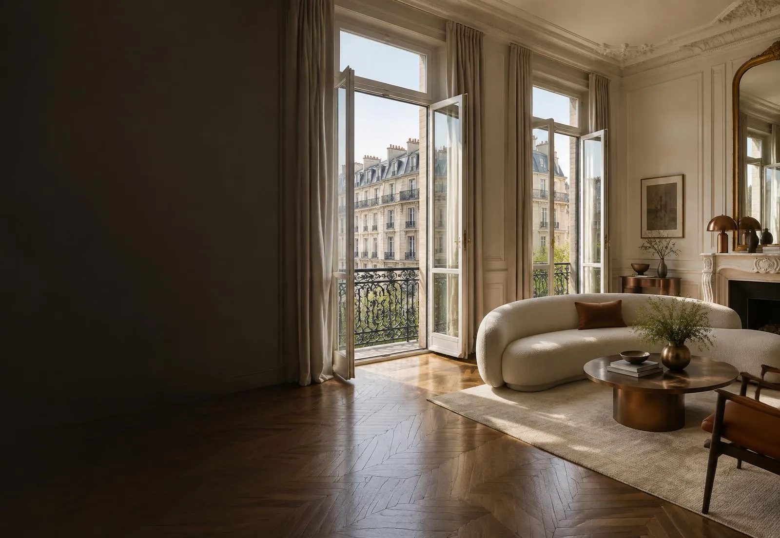 Salon d’un appartement parisien haussmannien, fenêtres ouvertes sur les toits de Paris
