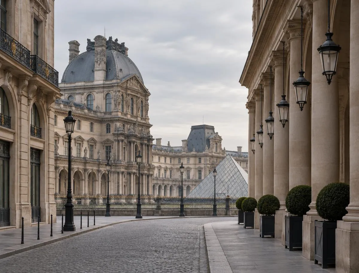 Les arcades et le jardin du Palais-Royal, avec le Louvre en perspective, Paris 1er